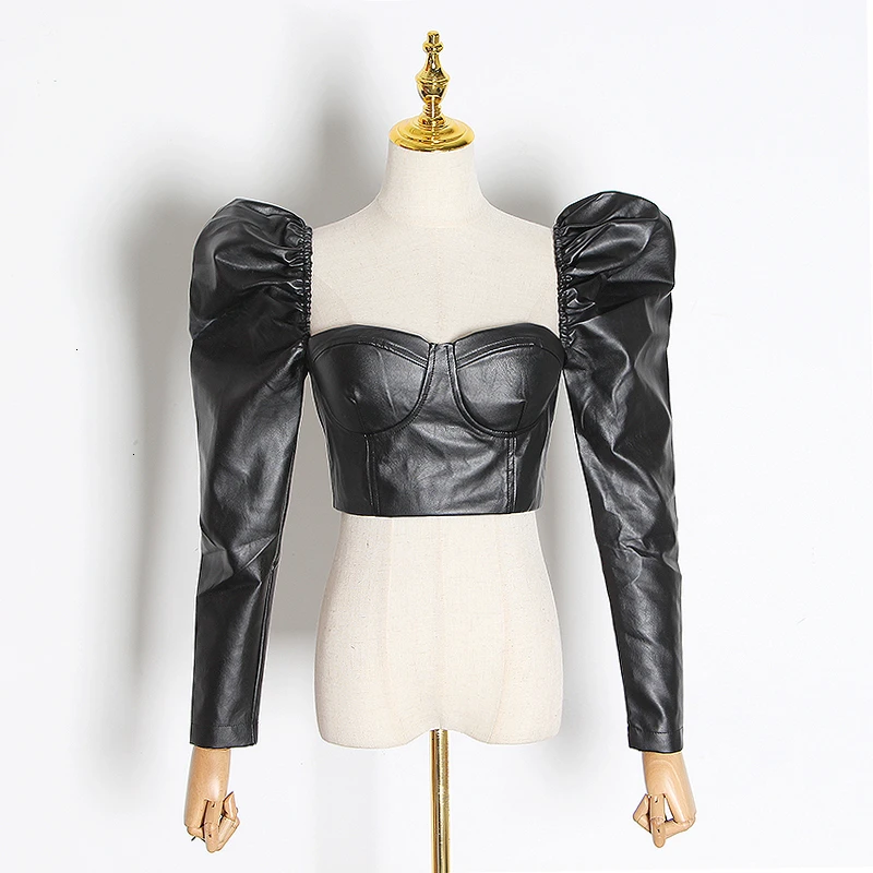 GALCAUR, винтажная короткая женская блузка с открытой спиной, квадратный воротник, пышная туника с длинным рукавом, рубашки, Женская мода, одежда, Новинка - Цвет: black