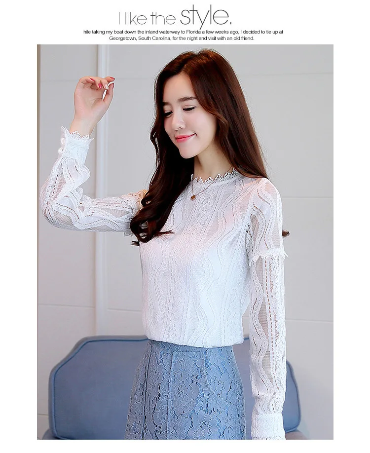 spring autumn Women Crochet Blouse Lace Chiffon Shirt White/Black Basic Shirt Ladies Stand Collar Ruffles Blusas Femininas