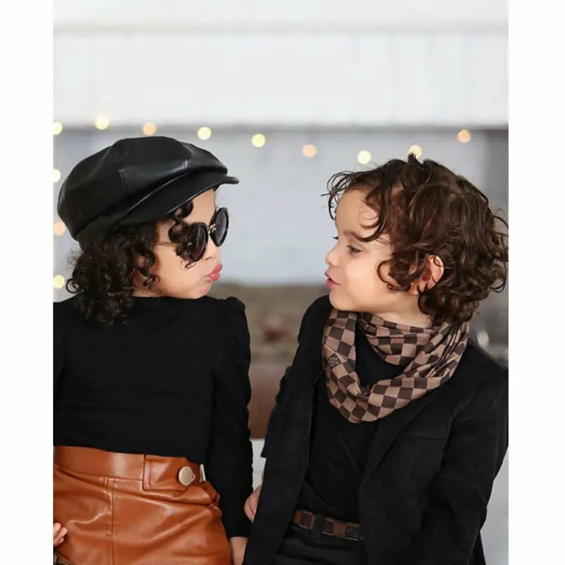 Clothes Girl Winter Fashion Warm Outfit Sweet Kids Long Sleeve Knitted Black Sweater Tops brown Leather Skirt Clothes set