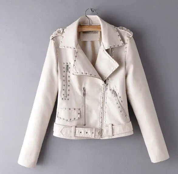 FF973 Beige Новые женские мотоциклетные куртки и пальто из искусственной кожи женские с длинным рукавом PU Черные змеиные байкерские уличная верхняя одежда с поясом - Цвет: FF973 Beige