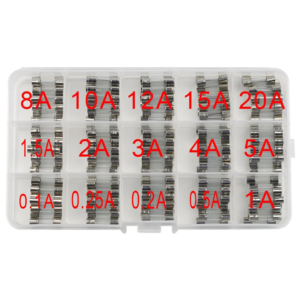 Fast Blown Glass Fuse Combination Kit 150 pieces 5x20mm 250V 0.1 0.25 0.5 1 1.5 2 3 4 5 8 10 12 15 20A Tube fuse plastic glass fuse kit