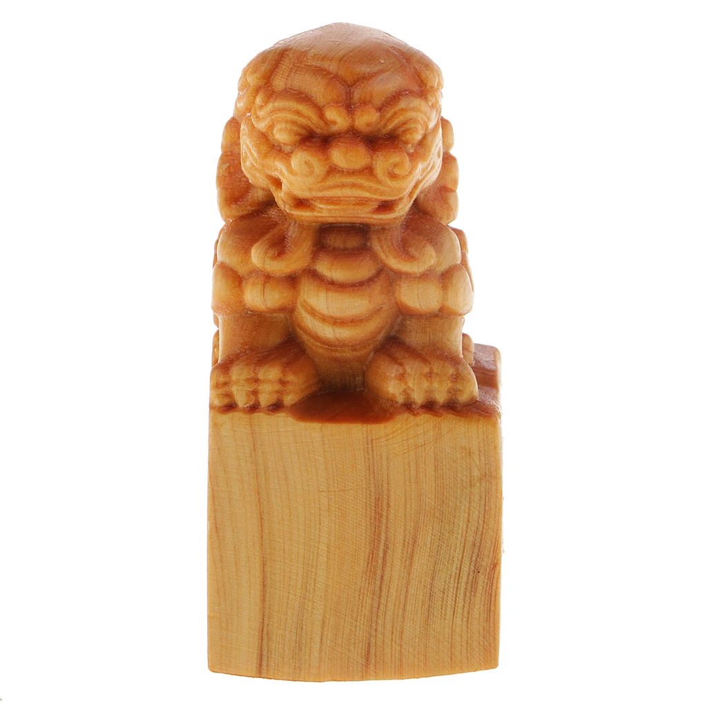 Wooden Lion Seal Statue Feng Shui Decoration For Chinese Culture Lover Fans