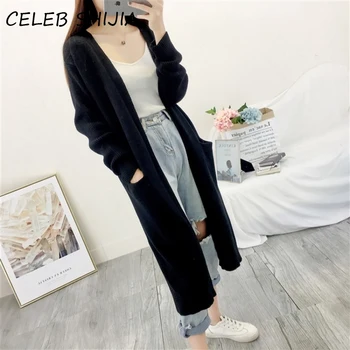 

SHIJIA Elegant Long Knitting Cardigan Woman Long-sleeve Black Solid Long open sweater female autumn winter knitted cardigan