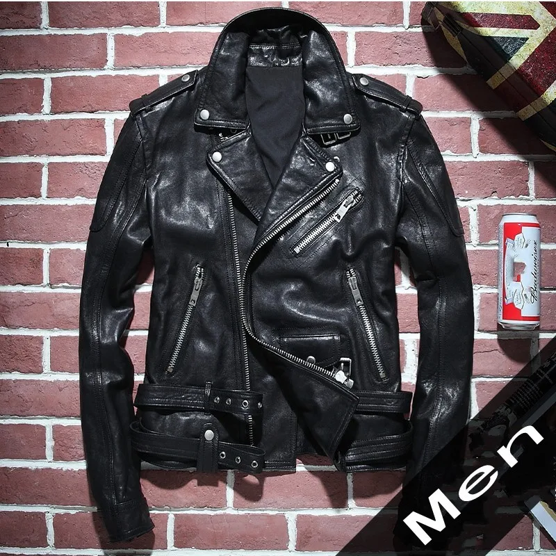 men Jacket Благородное пальто из овчины, кожаное пальто, мотоциклетное пальто, Монохромное пальто с коротким поясом, плотное ветрозащитное кожаное пальто - Цвет: men Jacket