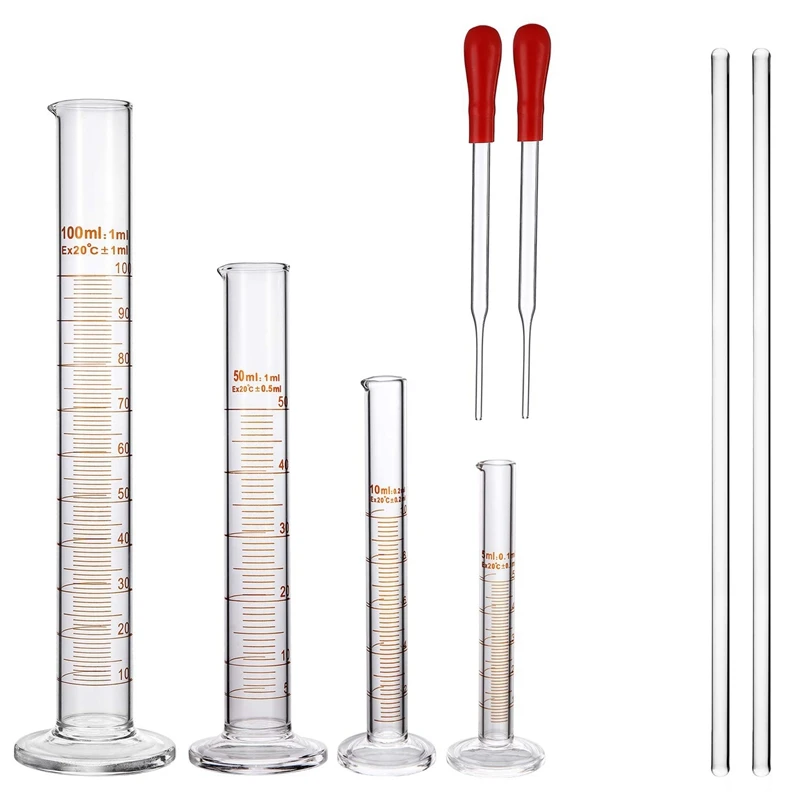 

Glass Graduated Cylinder Set - 100 Ml 50 Ml 10 Ml 5 Ml Measuring Cylinder Set with 2 Glass Stirring Rods, 2 Droppers - Borosilic