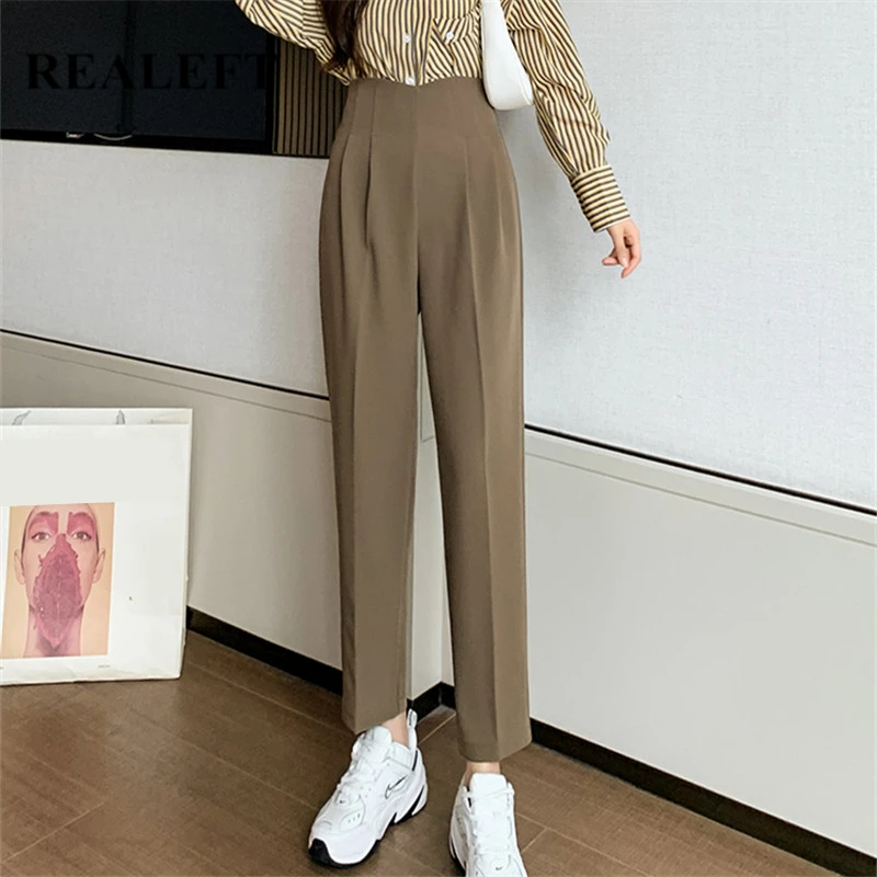 

REALEFT Autumn Winter Formal Women's Pants 2021 New High Waist Solid Elegant Office Ankle Length Workwear Harem Trousers Female