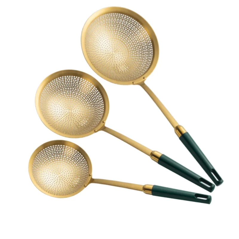 

3-Size Stainless Steel Colander Spoon Gold Round Filter Frying Oil Leaking Hot Pot Noodle Mesh Drain Scoop Cookware Kitchen Tool