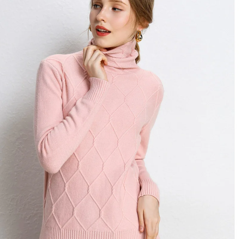 

2019 New Women Turtleneck Diamond lattice block sweater Female Solid Turtleneck Collar Pullovers Warm