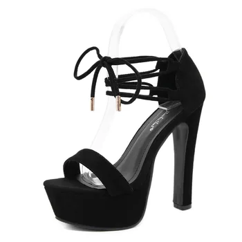 

2020 Women Summer 14cm High Heels Wedge Sandals Block Heels Lace-Up Platform Strappy High Heels Gladiator Fetish Chunky Shoes