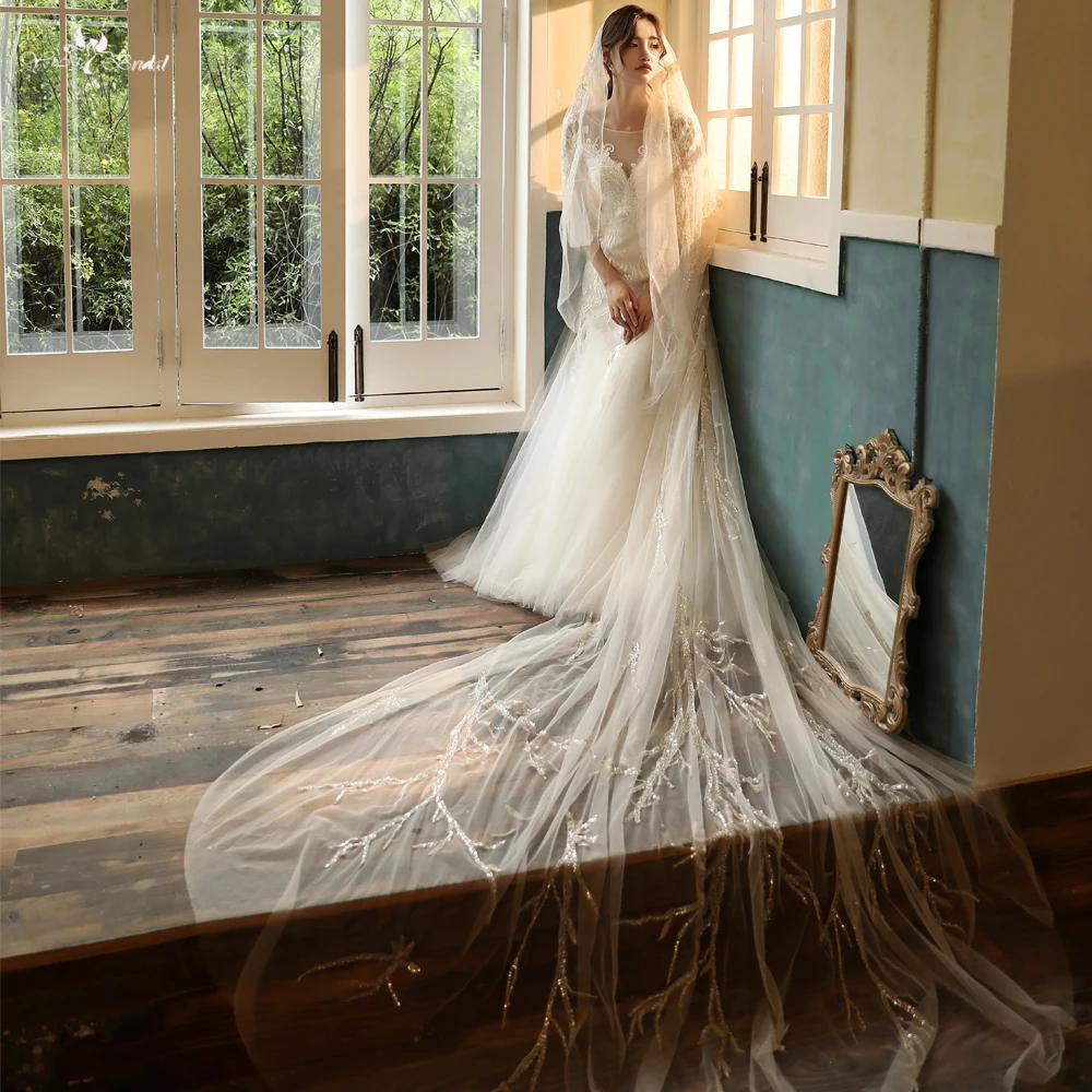LZP545 Luxury Handmade Full Beads Wedding Veil With Sequined Lace Long Bridal Veil