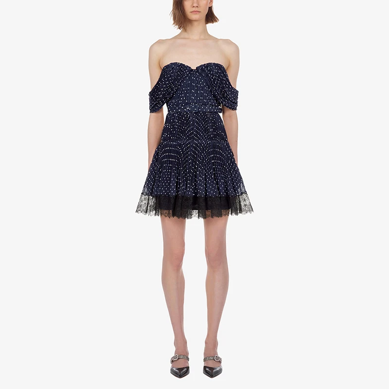 Summer Self Portrait Designer Dress Women Sexy Strapless Draped Mini Dress Navy Polka Dot Lace Chiffon Patchwork Dress