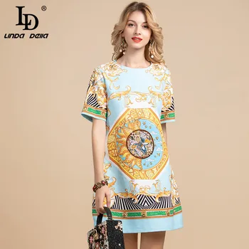 

LD LINDA DELLA Fashion Designer Summer Dress Women's Short Sleeve Gorgeous Floral Embroidery Crystal Beading Vintage Dresses