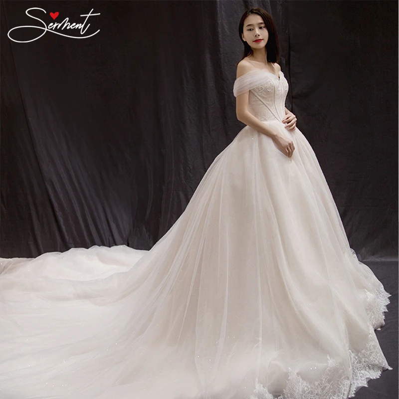 

SERMENT Simple Wedding Dress 2019 New Bride Champagne Color Shoulder Summer Simple Long Tail French Light Sen Female