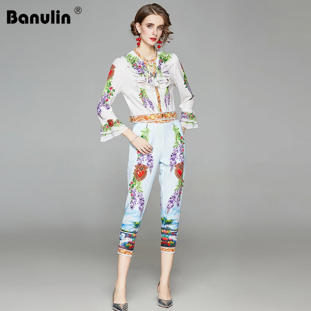 

Vintage Floral Print Runway Pants Suit Sets 2019 Women's Flare Sleeve Bow Collar Ruffles Pullover Top+Pencil Pants Two Pieces