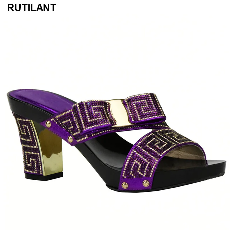 

New Purple Color Ladies Shoes Party Wedding Shoe Decorated with Rhinestone Italian Ladies Summer High Heels Slip on Slipper Shoe