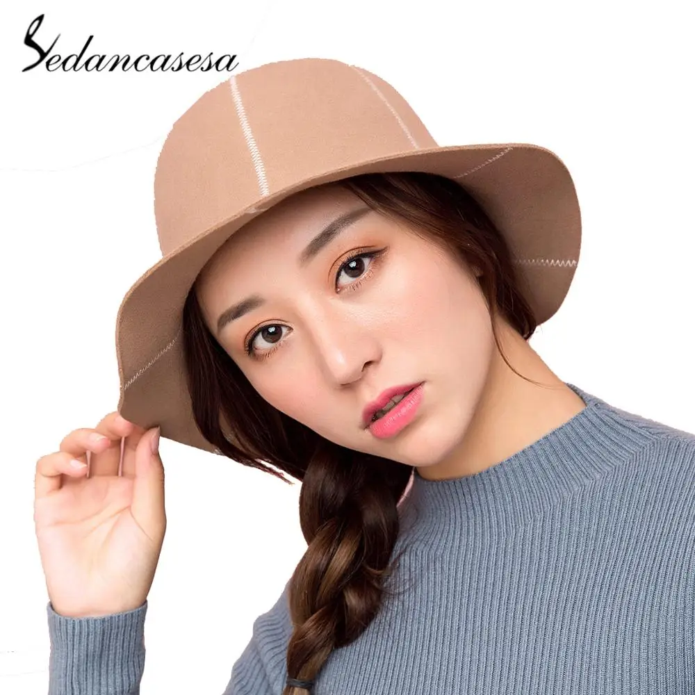 Sedancasesa Wool Felt Fedora Hats for Women Autumn Winter Fashion Style Warm Soft Foldable Striped Ladies Bucket Hats FW292008