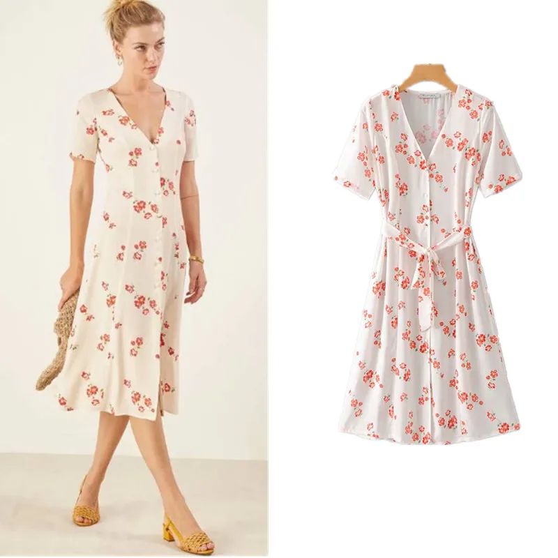 

Western Style 2018 Summer New Style Women's Versatile Slim Fit Slimming V-neck Flower Printed Lace-up Dress Fashion J8465