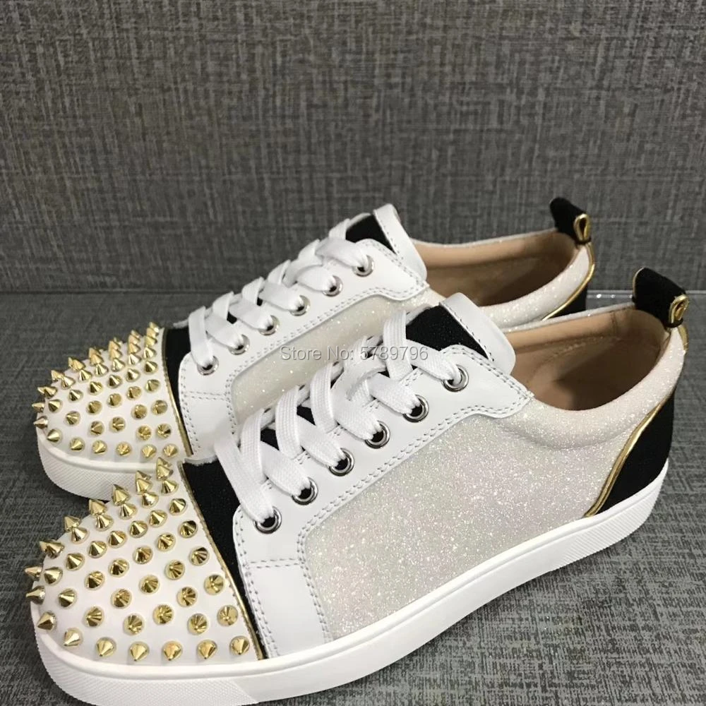 white and gold red bottom sneakers