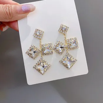 

New fashion joker fresh shiny crystal Women earrings temperament contracted geometric square fine senior Drop earrings 2020