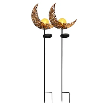 

LBER Solar Powered Garden Lights, 2 Pack Antique Brass Hollow-Carved Metal Moon with Warm White Crackle Glass Globe Stake Lights