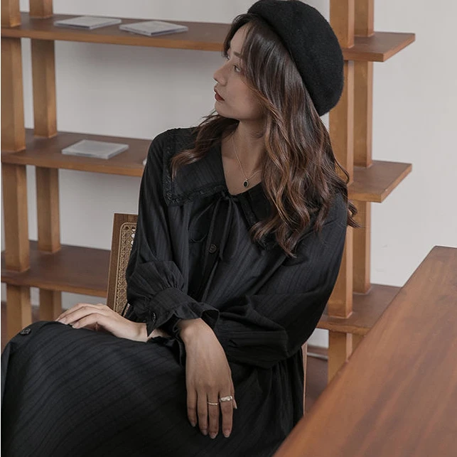 Solid Dresses Women Long Sleeve Preppy Style Sweet Chic Leisure Holiday Autumn Students Clothes Female Peter Pan Collar Basic t shirt dress