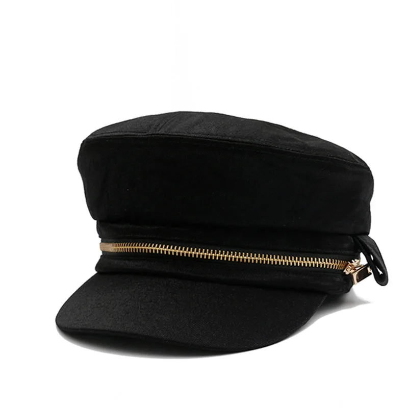 New Autumn Newsboy Hats Caps For Women Zipper Flat Top Caps Visor Fashion Cotton Solid Color Military Caps
