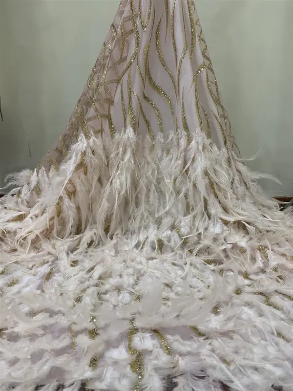 ivory Африканский тюль кружевная ткань с блестками Высокое качество нигерийское кружево благородное 3D перо кружевная ткань ручной работы DIY украшение для женщин - Цвет: ivory