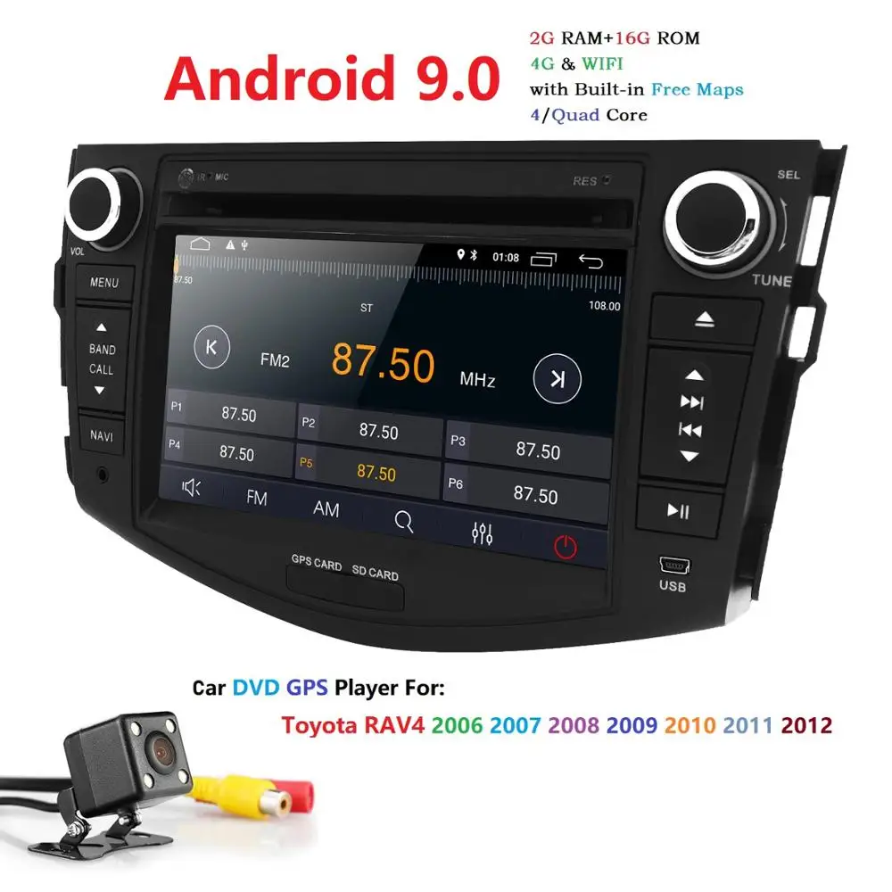 Excellent 4QuadCore 2+16 Car DVD 2 din Android 9.0 For Toyota Rav4 2007-2012 2din car pc stereo gps navigation with capacitive screen+wifi 2