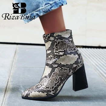 

RIZABINA Women Ankle Boots Fashion High Heel Winter Shoes Women Snakeskin Pattern Zipper Sexy Pointed Toe Boots Size 32-43