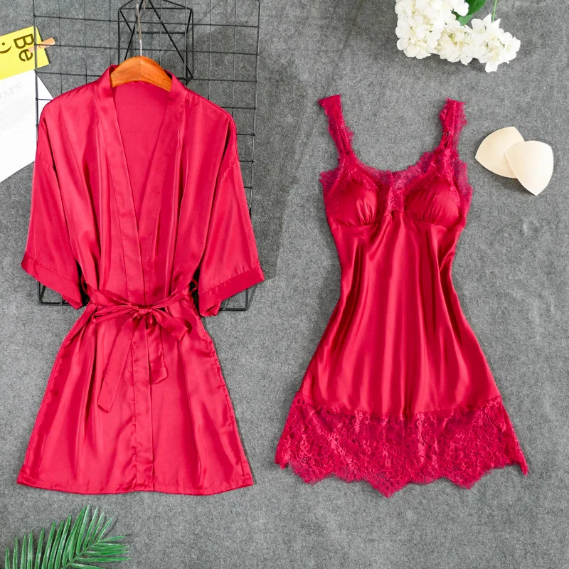 Fiklyc underwear women's sexy padded chest robe& gown sets lace& satin patchwork V-neck mini nightdress+ robes pijamas NEW