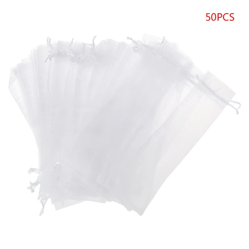 50 Pcs White Drawstring Organza Folding Hand Fan Pouch Party Wedding Gift Bags