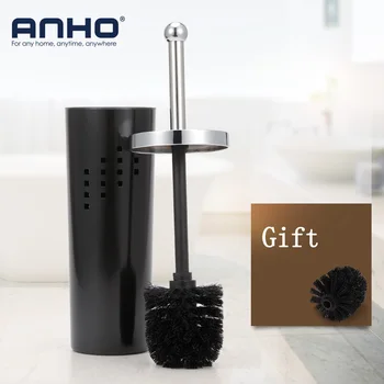 

ANHO Durable Type Toilet Brush Set Chrome Finished Handle with Black ABS Base WC Scrub Brush Holder Kit