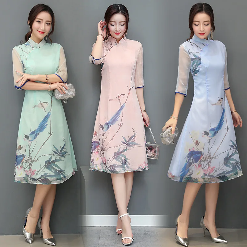Летний Стиль китайский стиль имитация шелковой ткани средней длины Cheongsam шелк тутового шелкопряда Улучшенная художественная и художественная чайная серва