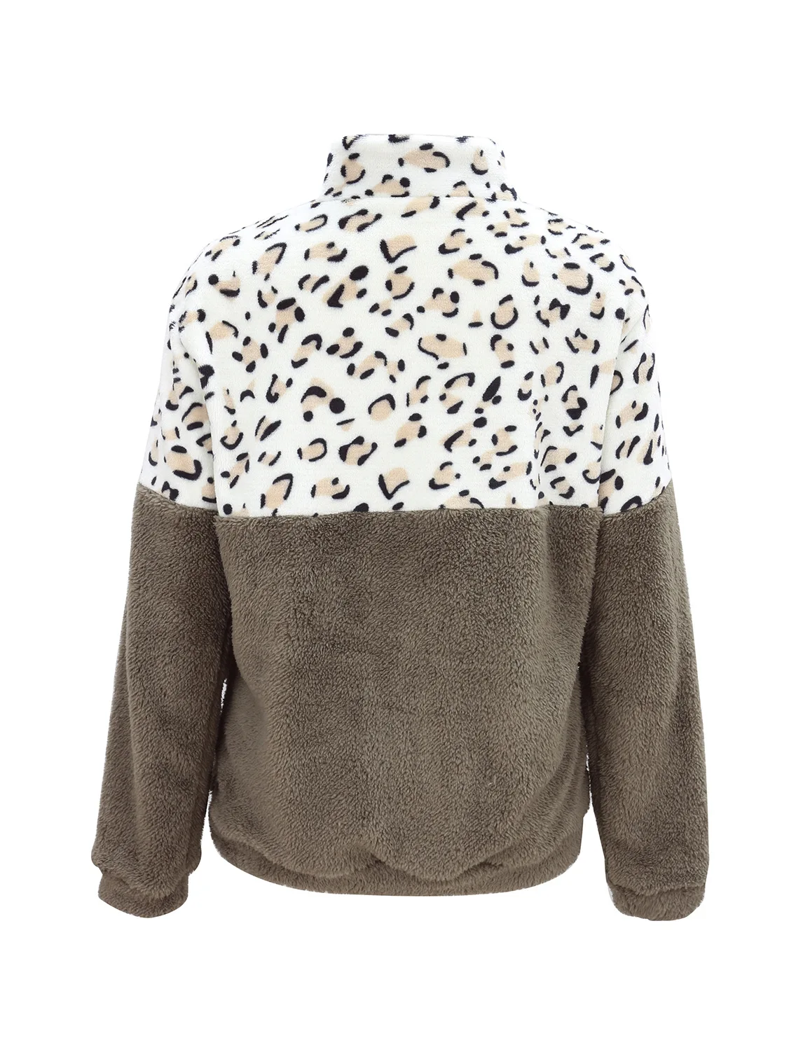 Women Fleece Sweatshirt Winter Casual Leopard Faux Fur Patchwork Fluffly Female Hoodies Warm Turtleneck Zipper Tops