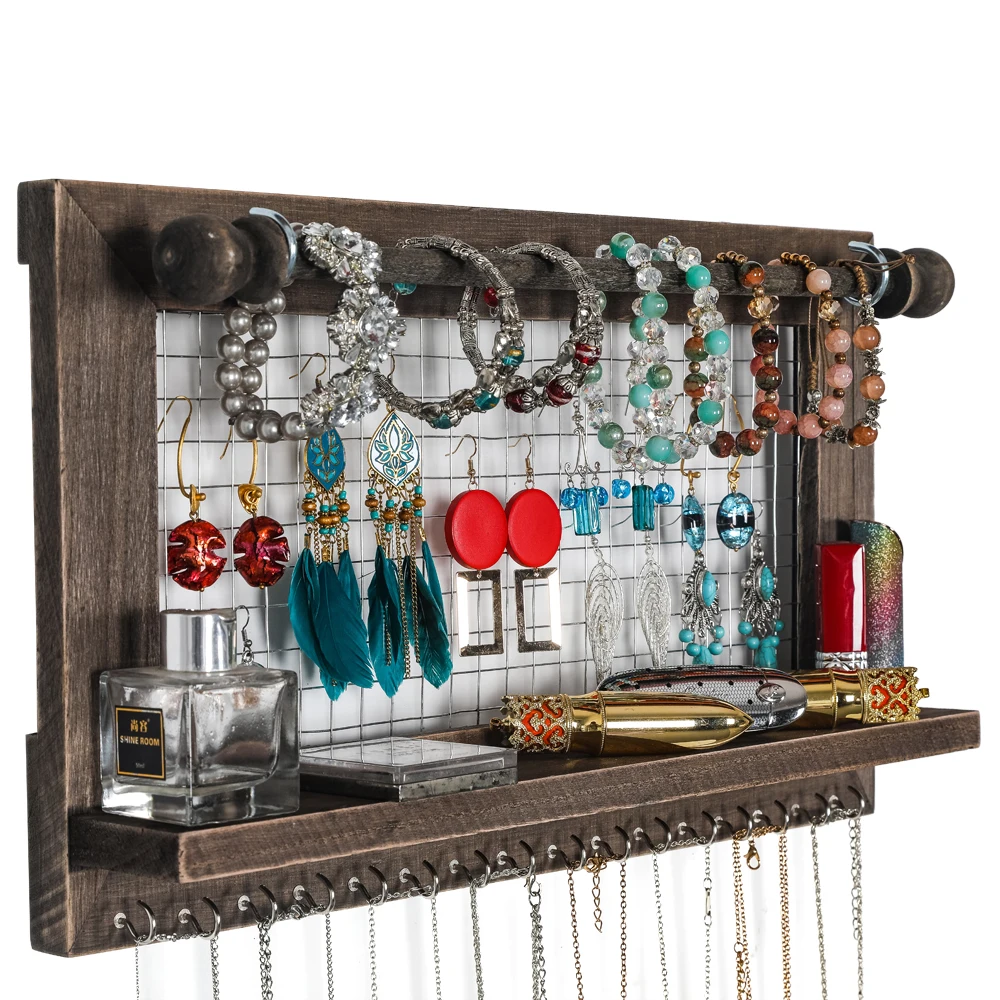 

Jewelry Stand Wall Mounted with Detachable Bracelet Bar Shelf 16 Hooks Perfect Earrings Necklaces Easy Installation Brown[US-W]