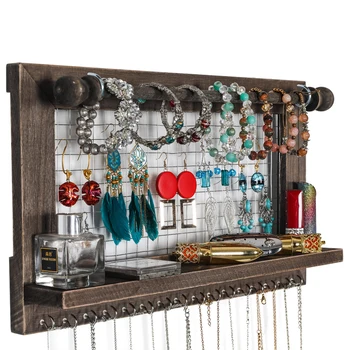 

Jewelry Stand Wall Mounted with Detachable Bracelet Bar Shelf 16 Hooks Perfect Earrings Necklaces Easy Installation Brown[US-W]