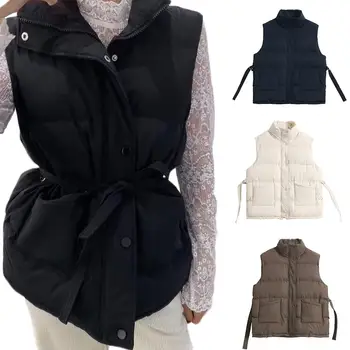 

Women Sleeveless Stand Collar Warm Cotton Padded Vest Jacket Belted Waistcoat