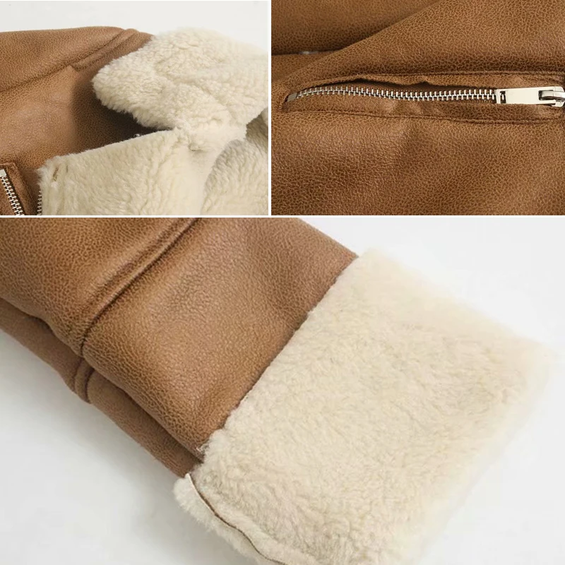 Fitaylor Winter Women Faux Leather Jackets Pu Motorcycle Biker Faux Lamb Fur Coat Warm Thickness Turndown Collar Zipper Outwear