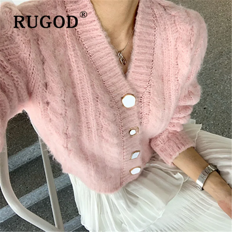 RUGOD вязаный кардиган с v-образным вырезом, однотонный укороченный свитер, женские свитера, Зимние Топы для женщин, Вязанная одежда, модный твист узор, повседневный