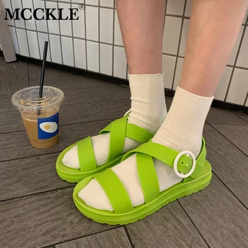 

MCCKLE Women Flat Sandals Shoes Gladiator Open Toe Buckle Soft Jelly Sandals Female Casual Women's Flat Platform Beach Shoes