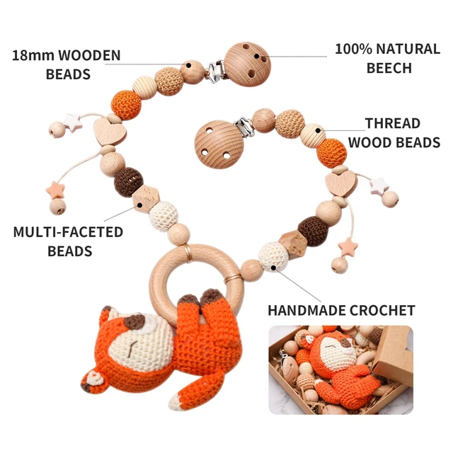Baby Bed Hanging Rattle Toy Wooden Fox Bird Elephant Shape  Teether Crochet Beads Pram Mobile Clip Pacifier Chain Chewable Toys 3