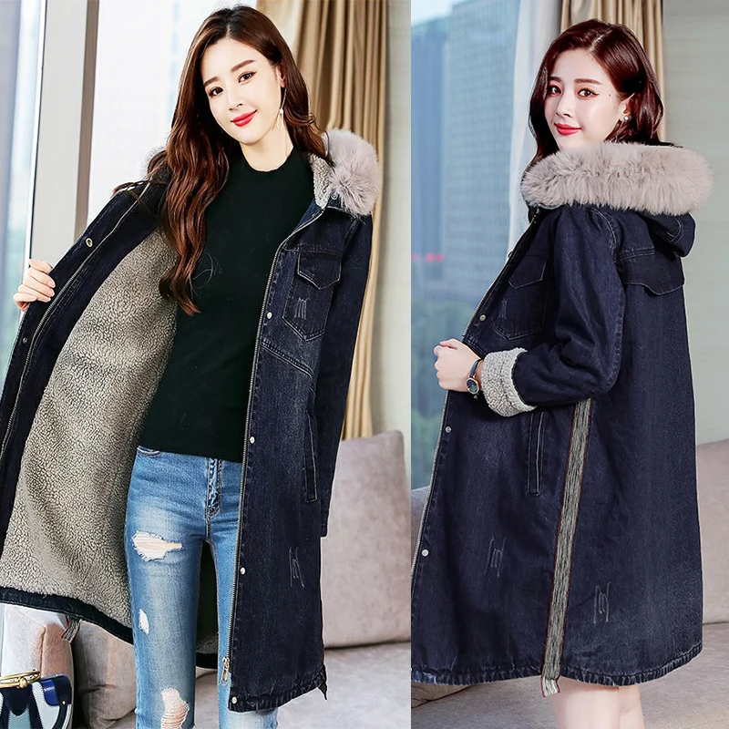 Зимняя теплая меховая джинсовая куртка для женщин, новинка, свободное женское длинное пальто, повседневное джинсовое пальто для женщин, большие размеры 5XL, chaqueta mujer