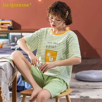 

New Green Women Clothes Crew Neck Pajamas Set Homesuit Homeclothes Casual Style Fashion Style Short Sleeve Short Pants Pj Set