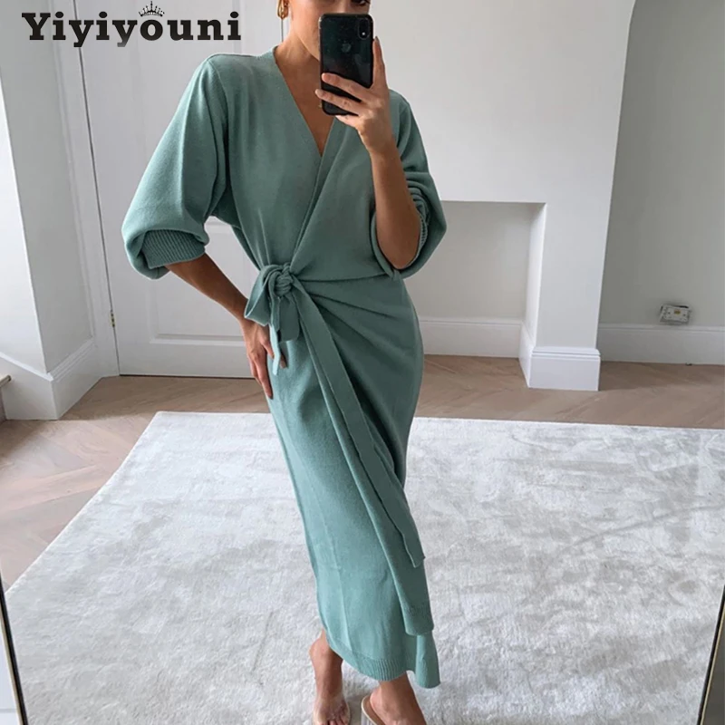 

Yiyiyouni Casual Belted V-Neck Cashmere Cardigans Women Solid Slim Knitted Cardigans Women Autumn Long Sleeve Kimono Female