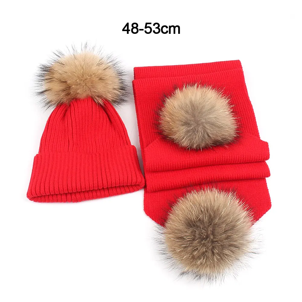 Winter Beanies Baby Hat Kids Warm Knitted Hat Scarf Set with Fur Pompom Ball Cap Cute Kids Toddler outdoor Warm Beanie Hat - Цвет: Red 48-53cm