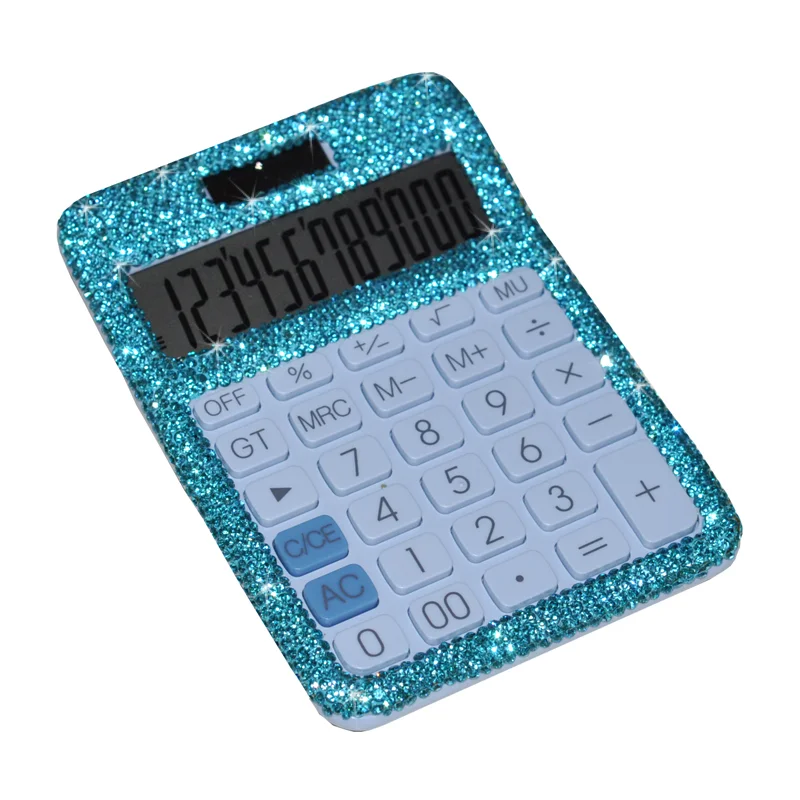 Shiny Ultra-thin Portable Diamond Calculator Mini Women Cute Crystal Plastic 12 Digit Dual Power Solar Office Business Supplies