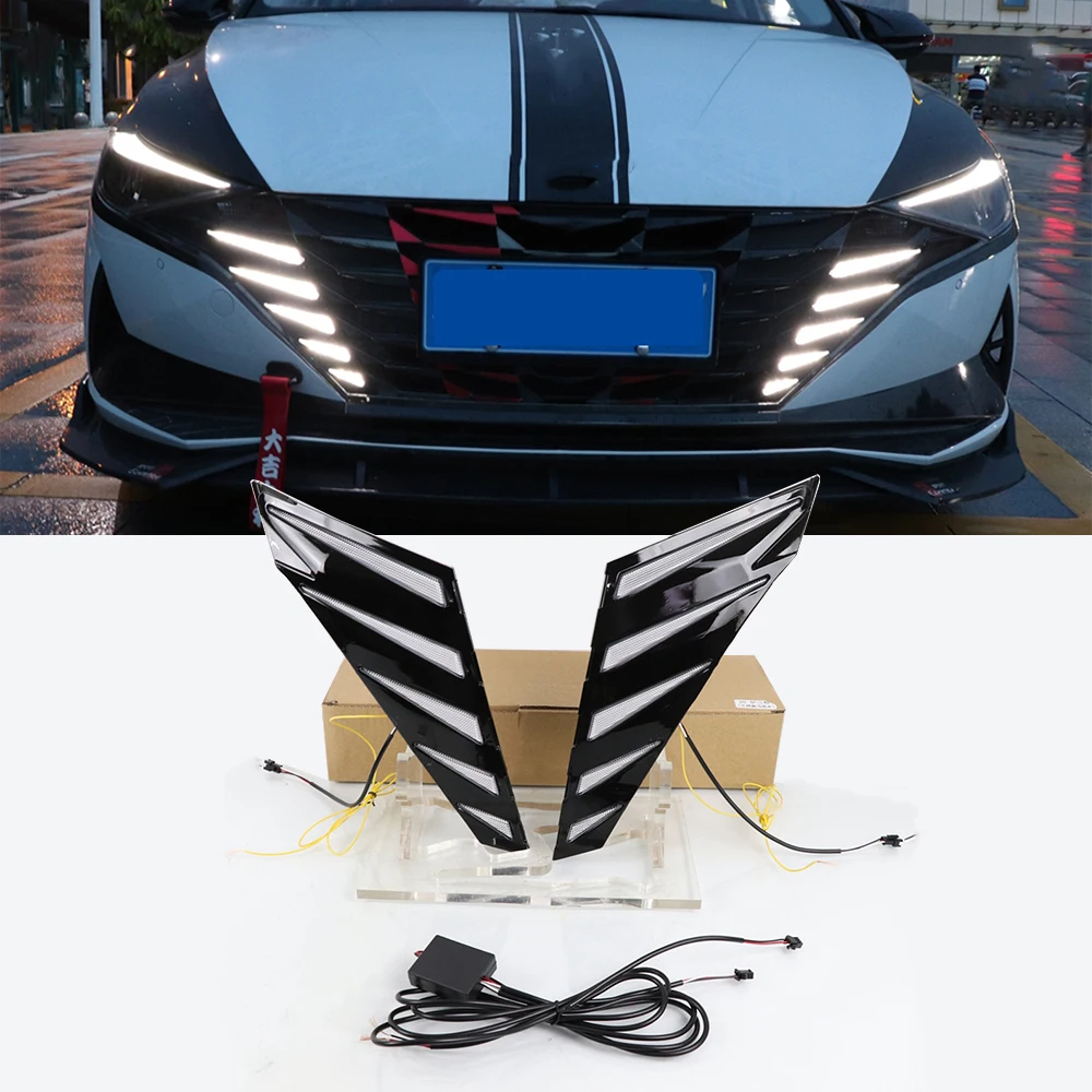 2 Pieces Car Led Daytime Running Lights Turn Signal Yellow 12V Grille Daylights DRL Night Blue Driving for Hyundai Elantra 2021 |