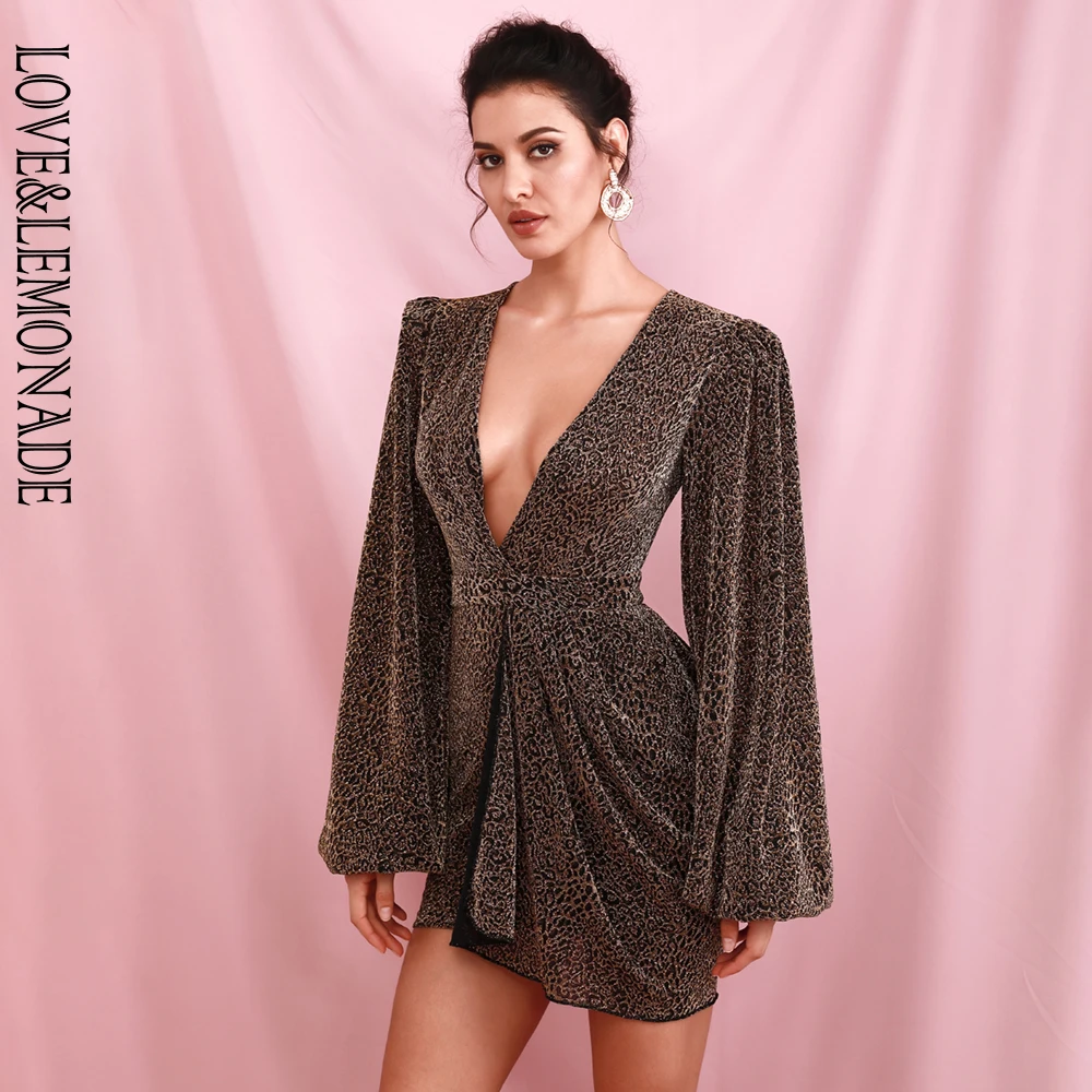 LOVE&LEMONADE Sexy Deep V-neck Large Lantern Long Sleeve Golden Leopard Print Elastic Party Mini Dress LM82238