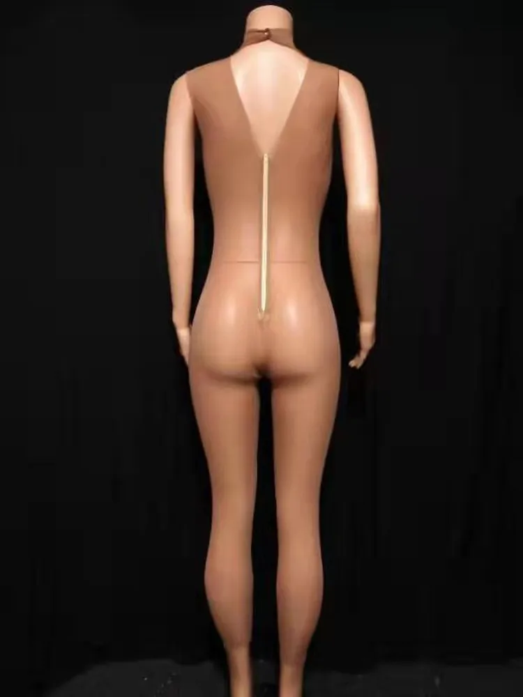 Nude Color See Through Elastic Tights Mesh Jumpsuit Sexy Nightclub DJ Pole Dance Leotard Acrobatics Stage Performance Costume