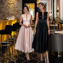 

Elegant Satin Evening Dresses 2021 A Line V Neck Black Custom Tea Length Backless Prom Party Gown Sleeveless Vestidos De Noche